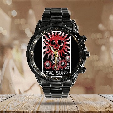 Discover The Sun Blood Red Skeleton Skull Tarot Card Calendar Steel Band Watch