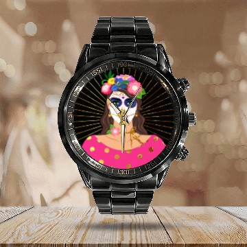Discover Dia De Los Muertos Calendar Steel Band Watch, Little Girl Sugar Skull