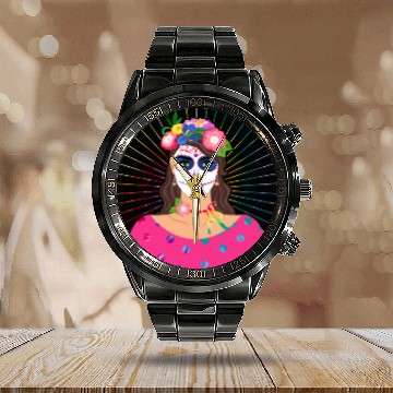 Discover Dia De Los Muertos Calendar Steel Band Watch, Little Girl Sugar Skull