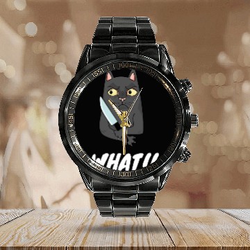 Discover Cat What? Funny Cat Calendar Steel Band Watch,Murderous Cat With Knife