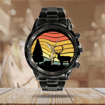 Discover Sunset sunrise nature deer in the zoo Calendar Steel Band Watch