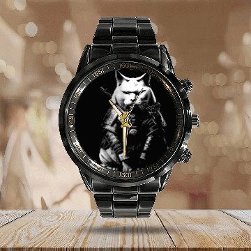 Discover cool samurai cat Calendar Steel Band Watch