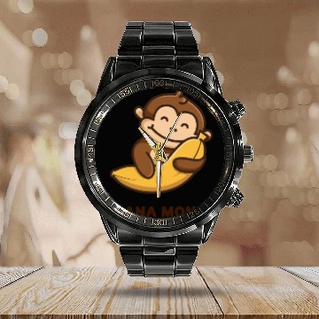 Discover Brown illustrated Monkey and Banana Calendar Steel Band Watch