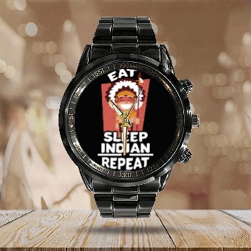 Discover Eat Sleep Indian Repeat Native American People Calendar Steel Band Watch