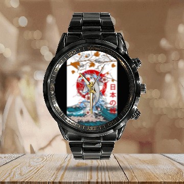 Discover Great Wave off Kanagawa Japanese Blossom Koi Fish Calendar Steel Band Watch