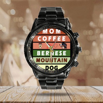 Discover I love mom coffee and my bernese mountain dog Calendar Steel Band Watch