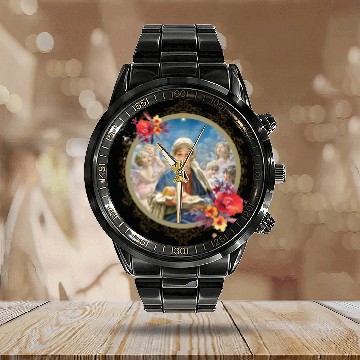 Discover Christmas Nativity Star Blessed Mother Mary Jesus Calendar Steel Band Watch