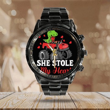 Discover She Stole My Heart Dinosaur T-Rex Truck Calendar Steel Band Watch