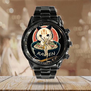 Discover Cute Cat Eating Ramen Calendar Steel Band Watch