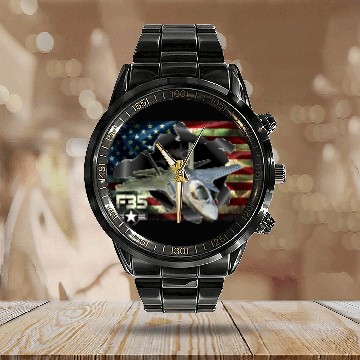 Discover F 35 Lightning Air Force Military Veteran Pride US Calendar Steel Band Watch