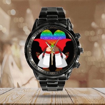Discover Biracial Lesbian Gnome Valentine Couple Mixed LGBT Calendar Steel Band Watch