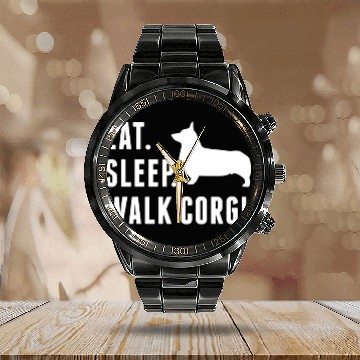 Discover Eat Sleep Walk Corgi Calendar Steel Band Watch
