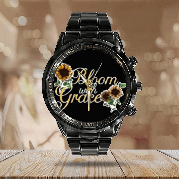Discover Bloom with Grace Positive Quote Sunflower Gardenin Calendar Steel Band Watch