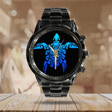 Discover Hawaiian Tribal Sea Turtle Polynesian Tattoo Style Calendar Steel Band Watch