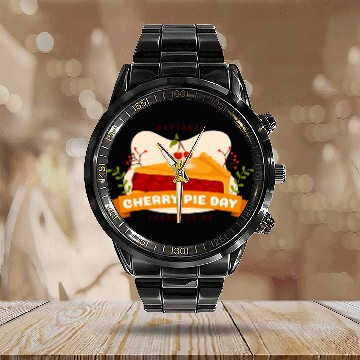 Discover national cherry pie day Calendar Steel Band Watch