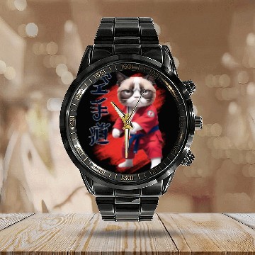 Discover Karate Cat, Karatedo Japanese Kanji Calendar Steel Band Watch