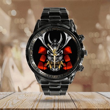 Discover Japanese samurai warrior devil grey and red mask Calendar Steel Band Watch