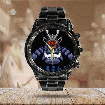 Discover Japanese Samurai Warrior Blue Devil Mask Calendar Steel Band Watch