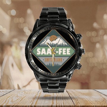 Discover Saas-Fee Switzerland Swiss Alps Vintage Hiking Calendar Steel Band Watch