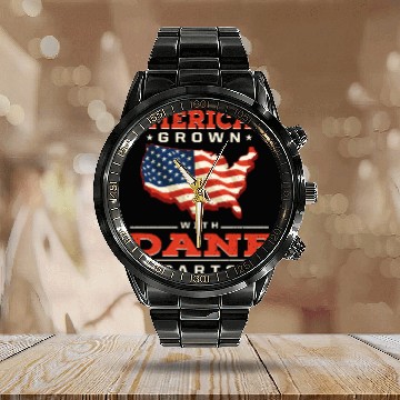 Discover American Grown with Dane Parts Patriotic Danish Pa Calendar Steel Band Watch
