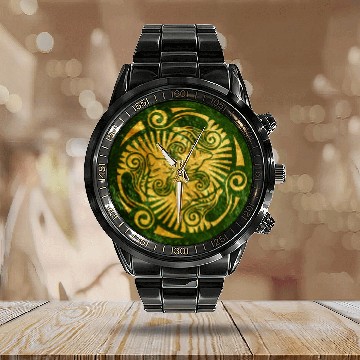 Discover Sleeping kittens, gold on green Calendar Steel Band Watch