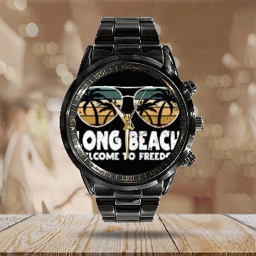 Discover Long Beach Welcome to Freedom Vacation Sayings Tri Calendar Steel Band Watch