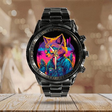 Discover Retro Futuristic Synthwave Fox Calendar Steel Band Watch