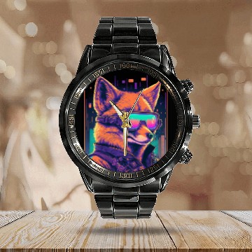 Discover Retro Futuristic Synthwave Fox Calendar Steel Band Watch