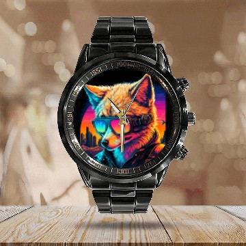 Discover Retro Futuristic Synthwave Fox Calendar Steel Band Watch