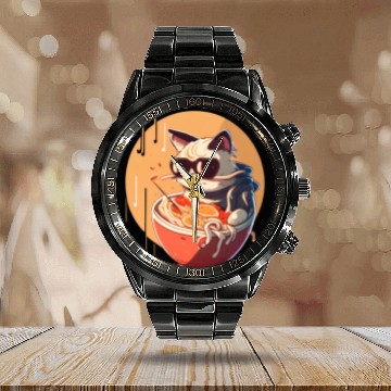Discover cat eating Chinese food,cute design for Meow lover Calendar Steel Band Watch