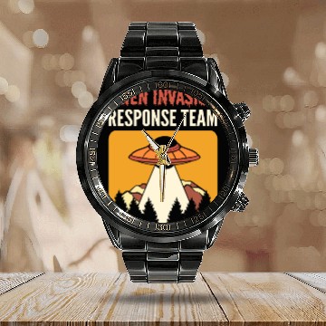 Discover Alien Invasion Response Team Aliens UFO Calendar Steel Band Watch