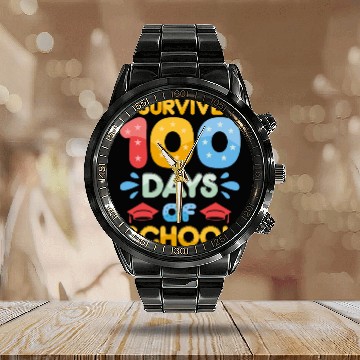 Discover i survived 100 days of school Calendar Steel Band Watch