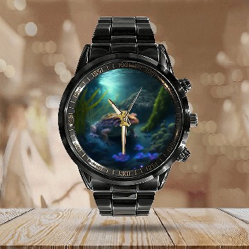 Discover A toad in a creek the toad has blue glowing eyes Calendar Steel Band Watch