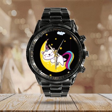 Discover Unicorn pony cat on the moon, magic sleeping time Calendar Steel Band Watch