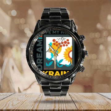 Discover Print Ukraine sunflower Calendar Steel Band Watch