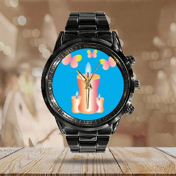 Discover Pink candles with a blue background Calendar Steel Band Watch