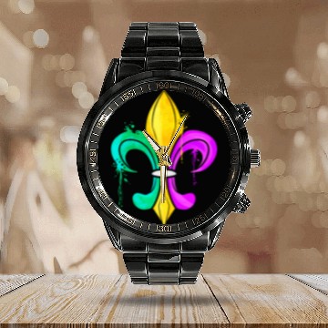 Discover Green, Golden and Purple Fleur De Lis Calendar Steel Band Watch