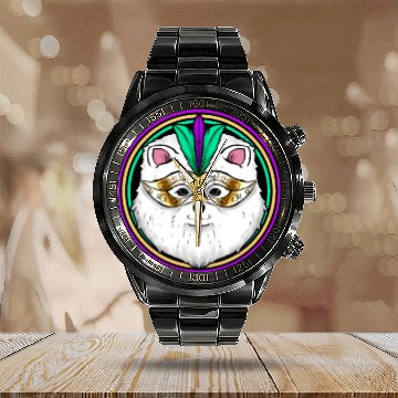 Discover Pomeranian Or Samoyed Dog With Mask For Mardi Gras Calendar Steel Band Watch