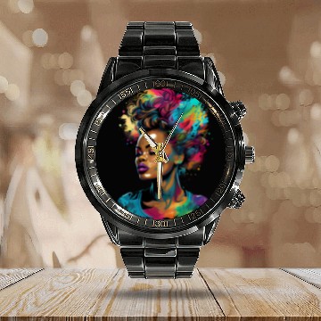 Discover Black Queen Afro Melanin pop Art Black History Calendar Steel Band Watch
