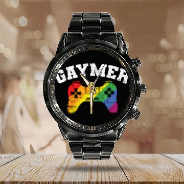 Discover Gamer Controller Gaymer LGBT Pride Calendar Steel Band Watch