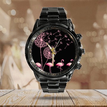 Discover Flower Dandelion Tropical Bird Pink Flamingo Calendar Steel Band Watch