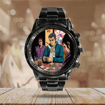 Discover Cool Poker Fans Retro Comic Style Poker Player Calendar Steel Band Watch