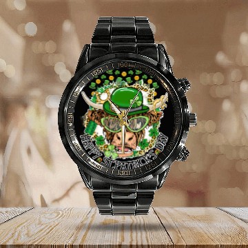 Discover Happy St. Patrick's Day, Funny Cow, Hat and Gold Calendar Steel Band Watch