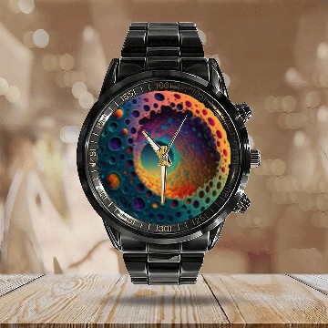 Discover Rounded Psychedelic Swirl Calendar Steel Band Watch