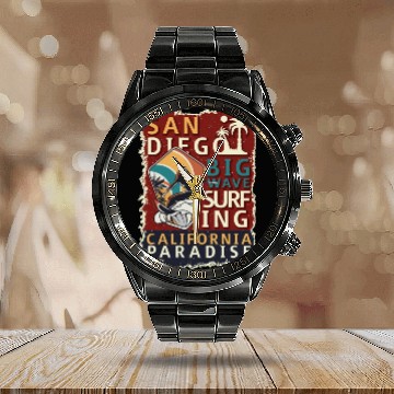 Discover San Diego Surfing Big Wave California Surfer Calendar Steel Band Watch