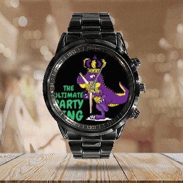 Discover Mardi Gras Carnival T-rex Dinosaur Party King Calendar Steel Band Watch