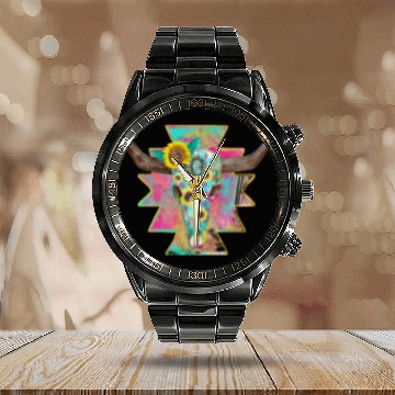 Discover Colorful Floral Bull Skull Calendar Steel Band Watch
