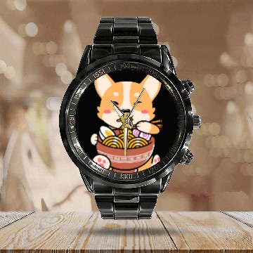 Discover Cute Shiba Inu Noodle Bowl Design Calendar Steel Band Watch