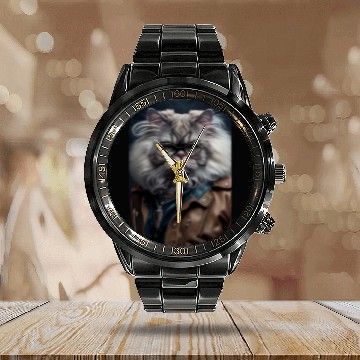 Discover Persian Cat Breed Portrait wears a leather jacket Calendar Steel Band Watch