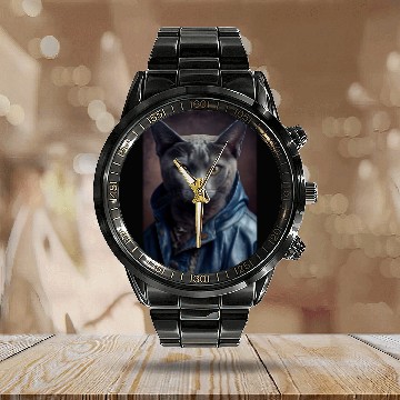 Discover Russian Blue Cat Breed Portrait wears a leather j Calendar Steel Band Watch